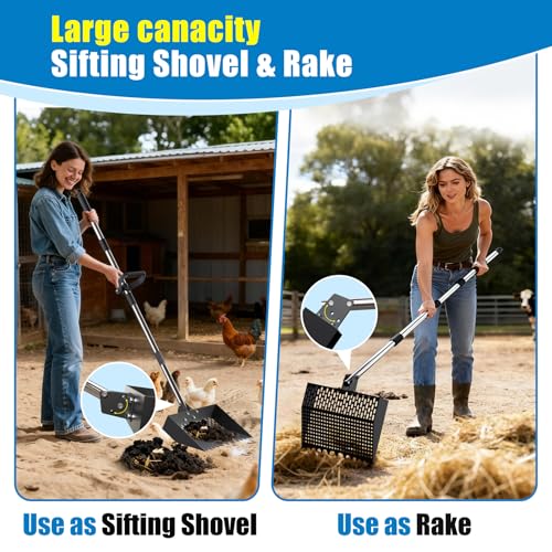 2-in-1 Chicken Poop Scooper & Rake 12-Inch Large Metal Shovel Head Adjustable Stainless Steel Handle (24 to 64") Litter Sifting Shovel Cleaning Tools for Chicken Run, Animal Farm (Black) - color: Black