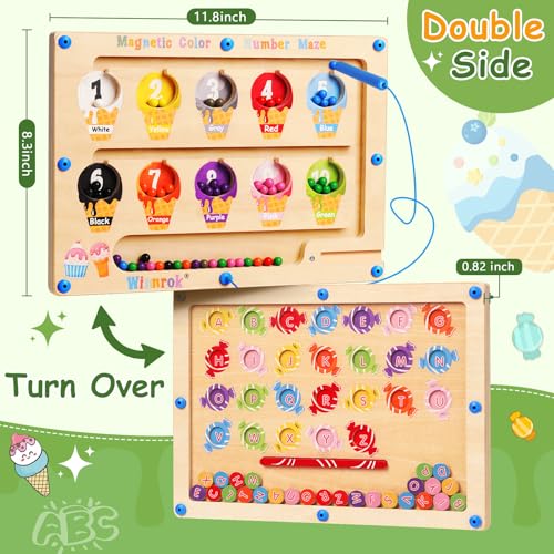 2 in 1 Magnetic Color and Number Maze, ABC Alphabet Puzzles Board Magnet Ice Cream Toys, Montessori Educational Magnet Puzzle, Preschool Learning Counting Toys for 2 3 4 5 Birthday Gifts