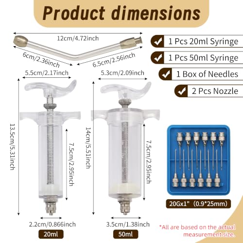 2 Pcs Goat Syringe Reusable Adjustable Goat Drench Syringe with 2 Drench Nozzle and Needles, Feeding Supplies for Cattle, Sheep, Goats, Horse, Pig, Dog (White, 20ML+50ML) - color: White, size: 20ML+50ML