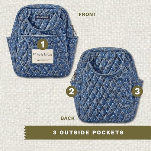 Bella Taylor Lunch Tote, Quilted Lunch Bag, Navy Floral | Lightweight quilted cotton lunch box, easy-to-clean PEVA lining, 3 outside/1 inside pocket, durable construction - color: Navy Floral