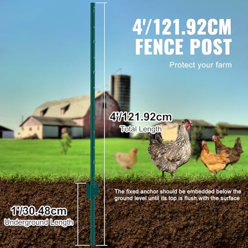VEVOR 4 Feet U-Channel Metal Fence Post, 10 Pack with 20 Zip Ties & 20 Clips, Sturdy Steel Stakes for Garden Yard, Lawn, Farms and Outdoor Wire Fencing, Green - size: 4 Feet 10 Pack