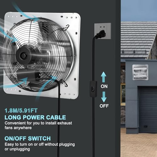 Criditpid 14 Inch Shutter Exhaust Fan, Wall Mounted Vent Fan for Garage, Attic, Greenhouse, Shop, Chicken Coop, 1088 CFM 1450 RPM High-Speed Louvered Exhaust Fan with ON/OFF Switch 1.8M Power Cord Kit