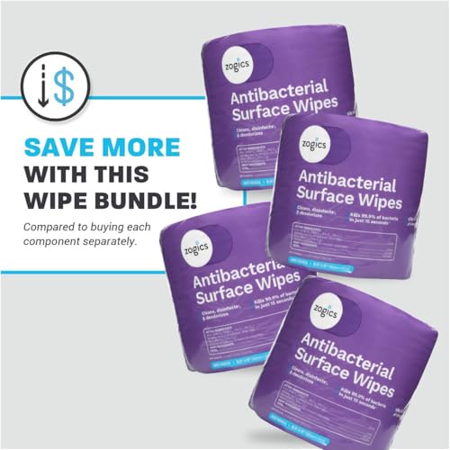 Zogics Antibacterial Disinfecting Wipes, 4 Rolls, 3,200 Count | Kills 99.9% of germs in 15 seconds, for hard nonporous surfaces, countertops, door handles and equipment - size: 1 Count (Pack of 4)