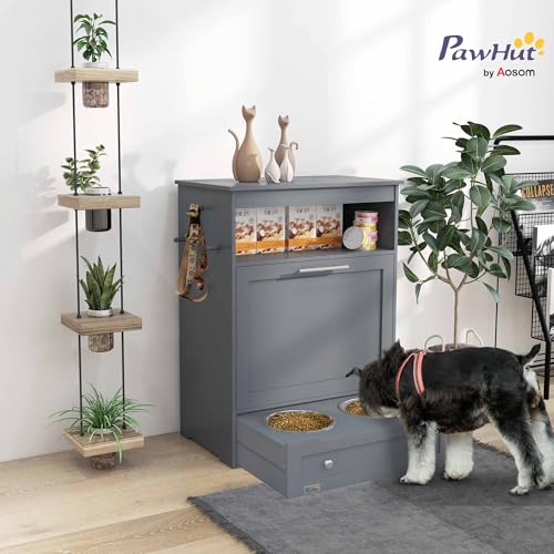 PawHut Dog Feeding Station with Raised Bowls, Pet Feeder Station, Gray | Dog Food Storage Cabinet, Hanger for Feeding & Watering Supplies - color: Gray