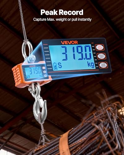 VEVOR Digital Crane Scale, 4400 lbs/2000 kg Max Capacity, Heavy Duty Industrial Hanging Scale with Cast Aluminum Case & LCD Display, 1 lbs Division & 3 Unit Switch, Remote Control for Garage Factory - style: 4400BLS