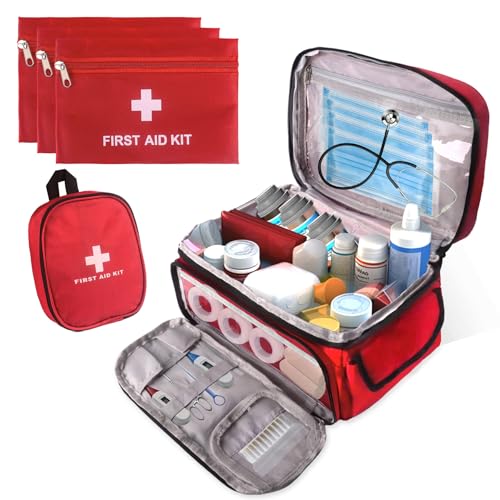 First Aid Bag Empty, 5-Piece Set with Large Medical Organizer, 3 Portable Pouches & Carry Bag for Pet First Aid Kits, Home Adventure Travel Medical Supplies (Red)