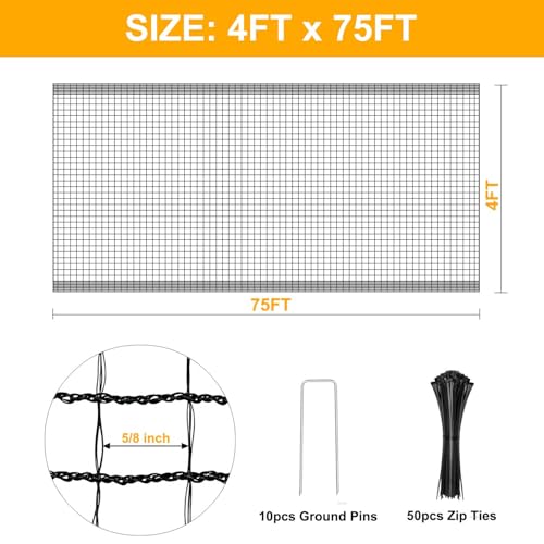 Plastic Mesh Fence 55gsm Thicker Temporary Deer Fencing, 4x75ft | Heavy Duty Black Plastic Fencing, Garden Netting Against Bird Deer Dog Chicken Critter Barrier, Safety Fence, Reinforced Edge - size: 4 x 75 Feet