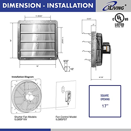 iLIVING 16" Wall Mounted Shutter Exhaust Fan, Automatic Shutter, with Thermostat and Variable Speed controller, 0.85A, 1200 CFM, 1800 SQF Coverage Area Silver (ILG8SF16V-ST) - size: 16"