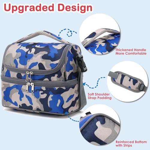 FlowFly Kids Double Decker Cooler Insulated Lunch Bag Large Tote for Boys, Girls, Men, Women, With Adjustable Strap, Blue Camo - color: Blue Camo