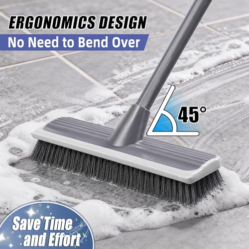2 in 1 Floor Scrub Brush: Deck Brush with Squeegee | Long Adjustable Handle - 55'' Stiff Bristle Scrape Brush for Deck Patio Garage Shower Bathroom