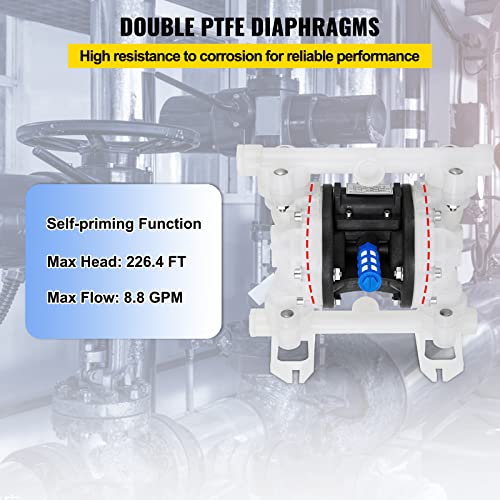VEVOR Air-Operated Double Diaphragm Pump, 1/2 in Inlet & Outlet, Polypropylene Body, 8.8 GPM & Max 120PSI, PTFE Diaphragm Pneumatic Transfer Pump for Petroleum, Diesel, Oil & Low Viscosity Fluids - size: 8.8 GPM