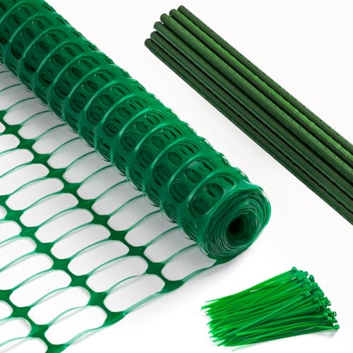 Temporary Fence Plastic Fence with Posts, Safety Barrier for Dogs Snow Mesh Fencing with Steel Stake Movable Portable Fencing Fence Roll 40In High 100Ft Long for Garden Backyard Outdoor - color: Greeen