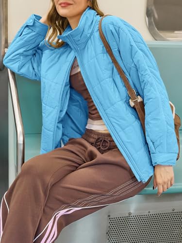 GeGekoko Women's Lightweight Oversized Long Sleeve Zip Water Resistant Packable Puffer Jacket Warm Short Winter Coat - color: Sky Blue, size: Medium
