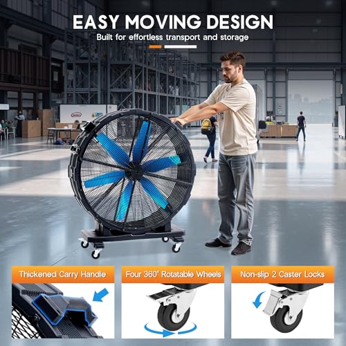 Albott 42 Inch Industrial Drum Fan, 17,660 CFM High Velocity Floor Fan | 750W Heavy Duty Plastic Blower with Wheels and 3 Speeds for Garage, Workshop, Warehouse, Factory, and Basement - size: 42 Inch