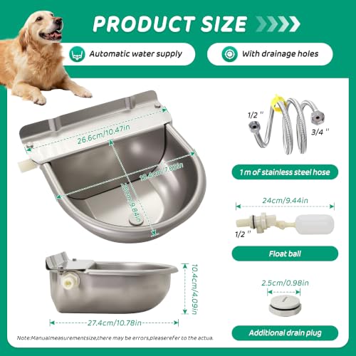 Automatic Livestock Waterer Bowl,304 Stainless Steel Float Valve Pet Bowl | 2.5L |Self Filling|for Large Dogs Chickens Horses|2 Drain Plug for Easy Clean|39''Pipe Fit 3/4'' GHT Male Faucet|Wall Mounted