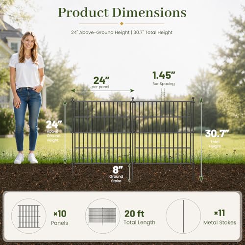 No Dig Garden Fence Outdoor for Yard, 24in (H) x 20ft(L) | 10 Panels Animal Barrier Fence, Rustproof Metal Temporary Dog Fence, Decorative Fencing for Patio, Flower Bed - size: 24 in(H) X 20 ft(L)