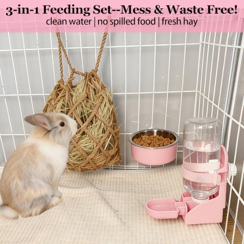 Rabbit Water Bottle Ferret Food Bowl Bunny Water Dispenser Stainless Steel Food Dish Hanging Drinking Fountain Drinker Feeder Crate Bowl for Guinea Pig Chinchilla Hedgehog - color: Pink