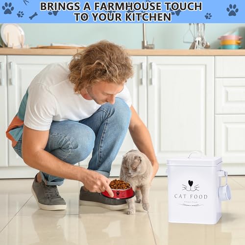 Meraki Home Farmhouse Cat Food and Treats Containers + Feed Scoop + Pet Food Bowl - Tight Lids - Large Metal Storage Bin - Great Gift for Cute Pets (Glossy White) - color: Glossy White