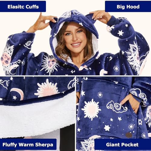THREE POODLE Wearable Blanket Hoodie, Glow in The Dark Oversized Hoodie Blanket, Sherpa Hooded Blanket Sweatshirt for Adults Women Men Kids, Cozy Gifts - color: Luminous Blue Star, size: Adult-Extra Long