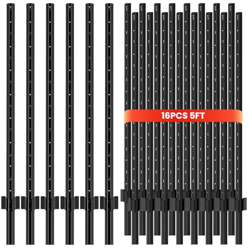 16 Pack Metal Fence Posts,5 FT Garden Fence Post,T Post for Wire Fence, No Dig Steel U Post Fencing，Black Garden Stakes for Temporary Fencing, Electric Fence Wire, Corner Anchor - size: 5ft-16PCS