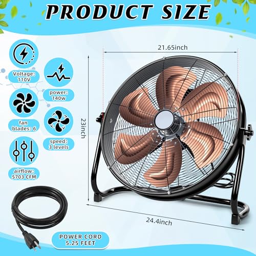 Woanger 20" High Velocity Industrial Floor Fan, 5703 CFM Heavy Duty Drum Fan with 6 Metal Blades, 3-Speed, 360 Degree Rotation, High Airflow Mover for Warehouse, Garage, Factory, Barn & Gym