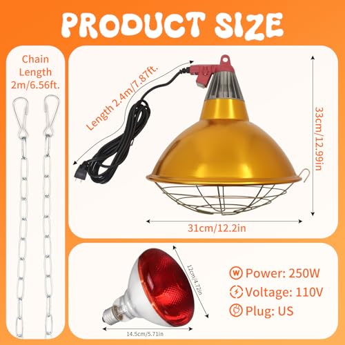 Large Chicken Coop Heat Lamp with 250w Infrared Heat Bulb | Adjust 2 Mode Temperature&Hanging Height,Aluminum Reflector for Coop Brooder,Cat,Puppy,Lamb