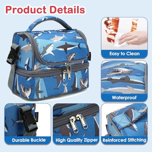 FlowFly Kids Double Decker Cooler Insulated Lunch Bag Large Tote for Boys, Girls, Men, Women, With Adjustable Strap, Shark - color: Shark