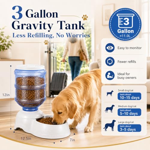 Automatic Dog Feeders - 3 Gallon Capacity Gravity Food Dispenser for Large Dogs and Cats - size: 3 Gallon Feeder