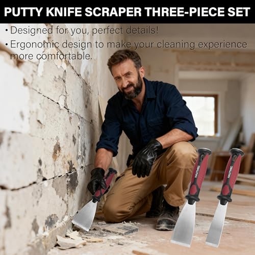 HAUTMEC 3pc Putty Knife Set, 1.25 in - 2 in - 3 in Paint Scraper, Flat Heavy Duty Stainless Steel Blade and Hammer End for Removing Wallpaper for Puttying Plaster, Cement HT0062-PT