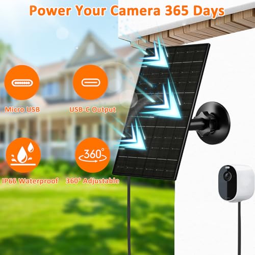 FUTUREZEN 6W Solar Panel Charger for Arlo Essential 2K/XL/Spotlight Cam | USB-C and Micro USB ports, IP66 waterproof, 360° adjustable mount, 7.2ft cable