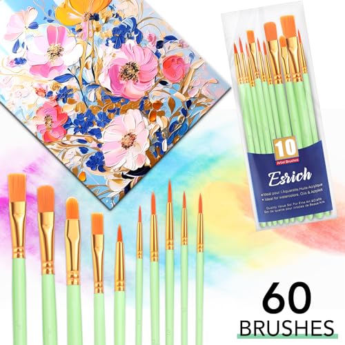 ESRICH 60PCS Paint Brushes, Paint Brush for Acrylic Painting | Artist Paintbrushes for Oil Watercolor, Body Face Rock Canvas, Small Paint Brushes for Kids, Green - color: Green, size: 60