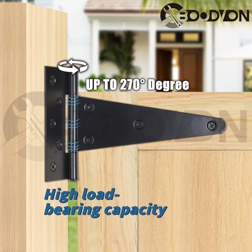 12 Inch T-Strap Gate Hinges, Shed Barn Door Hinges Heavy Duty, Black Tee Hinges for Wooden Fences, Yard Gate, Wrought Hardware Iron Rustproof (2Pack/Set) - size: 12 Inch