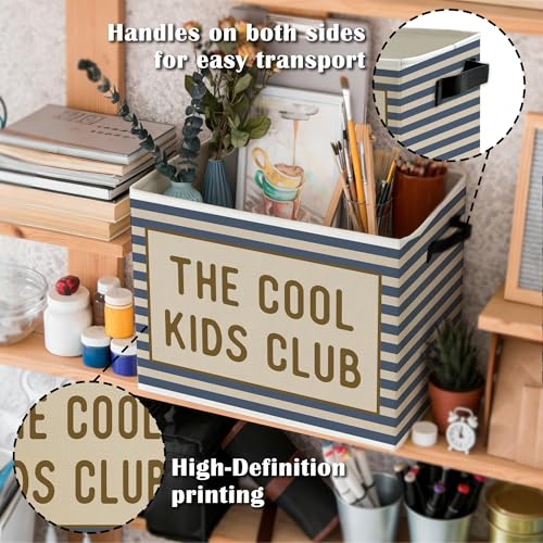 Blue Striped Kids Storage Bins Box with Handles, the Cool Kids Club Collapsible Basket Organizer for Classroom Boys Girls Room Bedroom Nursery Playroom Books Clothes - color: Color13