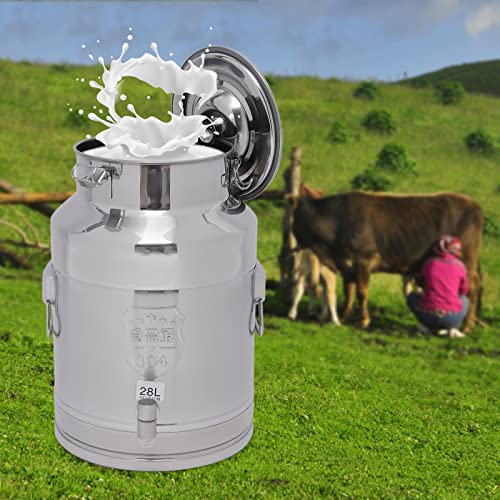 Stainless Steel Sealed Milk Barrel with Spigot，28L/7.39Gallon Large Milk Bucket Wine Can Pail Tote Tank with Sealed Lid & Handle for Milk Wine Oil Liquid Tranport Storage Container - size: With Spigot