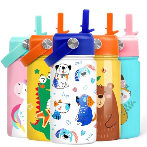 SANDJEST Dog Water Bottle - Kids Water Bottle with Straw Lid - 12 Oz Insulated Stainless Steel Water Bottles for Kid Boys - Travel Cup for School Sports - color: Dog