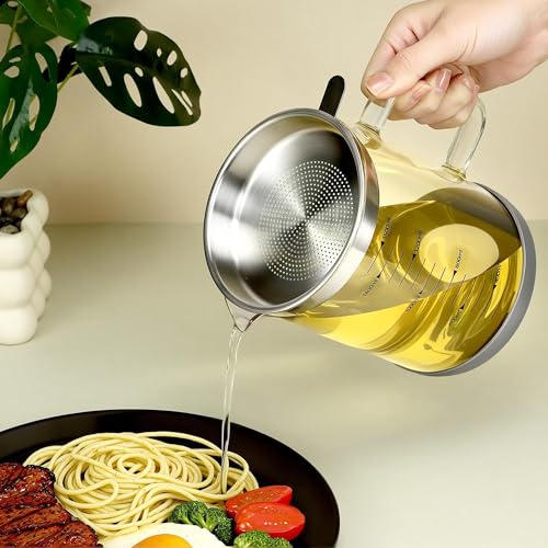 34oz Glass Oil Strainer Container with Fine Mesh Strainer for Bacon Grease, Nut Milk, Soy Milk, Tea Residues and All Purpose Straining (1L)