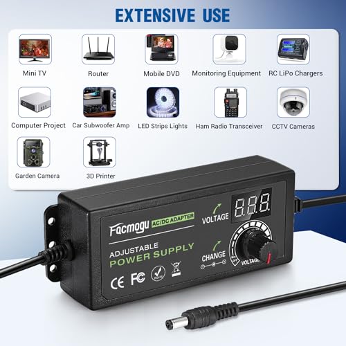 Facmogu 3V-12V 5A 60W Power Supply, Adjustable Voltage DC 3V 5V 6V 9V 12V | Variable Universal AC/DC Adapter | LED Display | 100V-240V AC to DC Switching Converter | Multi-Voltage Regulated Adaptor - size: 3-12V 5A