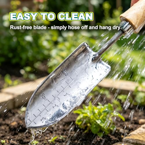 Berry&Bird Measuring Transplanting Trowel, 13.78" Stainless Steel Garden Shovel with Wood Handle - color: Measuring Transplanting Trowel, size: Small