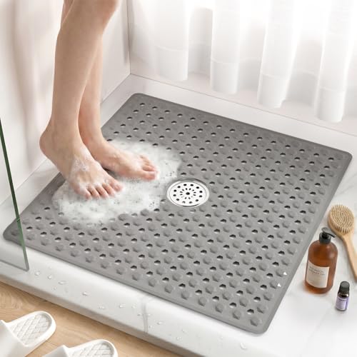 HITSLAM Non Slip Shower Mat, Square Bathtub Mat, 24x24 Inch, Grey | Diamond Textured PVC Bath Mat With Suction Cups, Shower Stall Mat with Center Drain Hole, Strong Grip, Machine Washable - color: Grey
