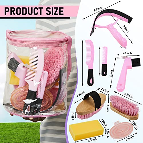 Cunhill 9 Pcs Horse Grooming Kit Tack Room Supplies Set with Tote Bag, Oval Massage Curry, Hard and Soft Brush, Hoof Pick, Sweat Scraper, Bathing Sponge, Comb for Horse Rider(Cute,Pink) - color: Pink, style: Cute