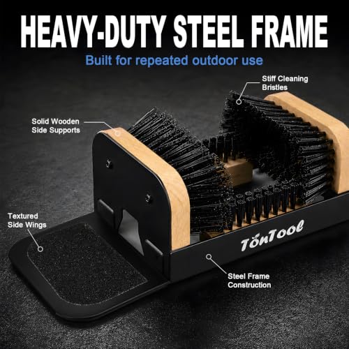 Boot Brush Scraper Outdoor Heavy Duty Boot Cleaner Brush Outdoor with Natural Stiff Bristles Boot Scrapers with Brushes Outdoor Steel Frame Non-Slip Base Foldable Side Wings Wall Mount or Freestanding