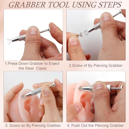2Pcs Piercing Ball Grabber Tool for Changing Jewelry, Stianless Steel Flat Back Earring Applicator Internally Threaded Push Pin Piercing Grabber Tool - color: Silver-B-2pcs