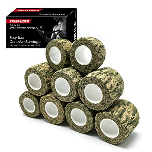 FRESINIDER 9 Rolls Self Adhesive Wrap Athletic Tape Gauze, Breathable Elastic Cohesive Bandage for Sports Injury & Pet (7 Pcs 2" x 5 Yards + 2 Pcs 1" X 5 Yards) (Woodland Multicam Camo) - color: Woodland Multicam Camo