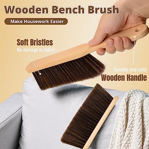 2 Pieces Woooden Dust Brush Hand Broom Bench Brush with Long Wood Handle Whisk Broom Soft Bristle Brush for Counter Bed Sofa Car Fireplace Clothes Household Cleaning - color: Brown