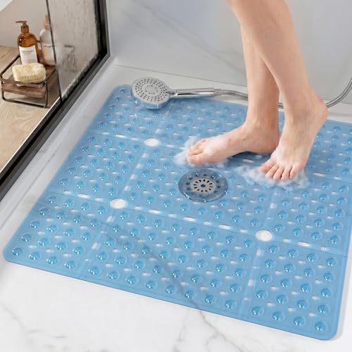 HITSLAM Square Shower Mat 27x27 Inch, Extra Large Non Slip Shower Mats for Inside Shower Stall, Anti Slip Bath Floor Mat with Strong Suction Cups & Drain Holes, Machine Washable, Blue - color: Blue