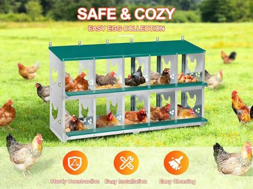 Chicken Nesting Box, 10 Compartments Nesting Box with 4 Fake Eggs & 10 Soft Nest Pads, Wall Mounting for Easy Egg Collection, Heavy Duty Galvanized Steel Rustproof Laying Box with Vented & Easy Clean - size: 10 compartment