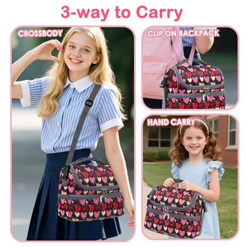 FlowFly Double Decker Cooler Insulated Lunch Bag Large Tote for Boys, Girls, Men, Women, With Adjustable Strap,Heart - color: Heart