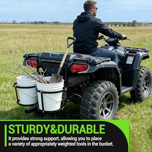 Pindex Heavy Duty ATV Pail Carrier, Universal Bucket Holder for UTV, Lawn Mowers & Tractors, Fits 2, 4 Gallon Pails up to 10-5/8" Diameter, All-Terrain Tow-Behind Bucket Caddy for Garden & Farm