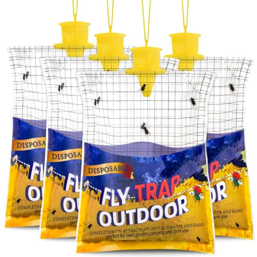 4 Big Fly Bags Outdoor Traps Hanging for Patio - Pre-Baited, Disposable | Fly Catcher Killer Repellent with 4*50g Bait for Outside in Chicken Coop, Horse Barns | Easy to use | Durable | Effective - size: 4 pack