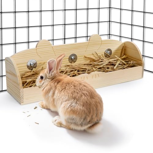 Rabbit Hay Feeder, Wooden Bunny Food Feeding Manger, Rabbit Hay Holder Less Wasted Food Dispenser for Guinea Pig, Chinchilla, Hamster